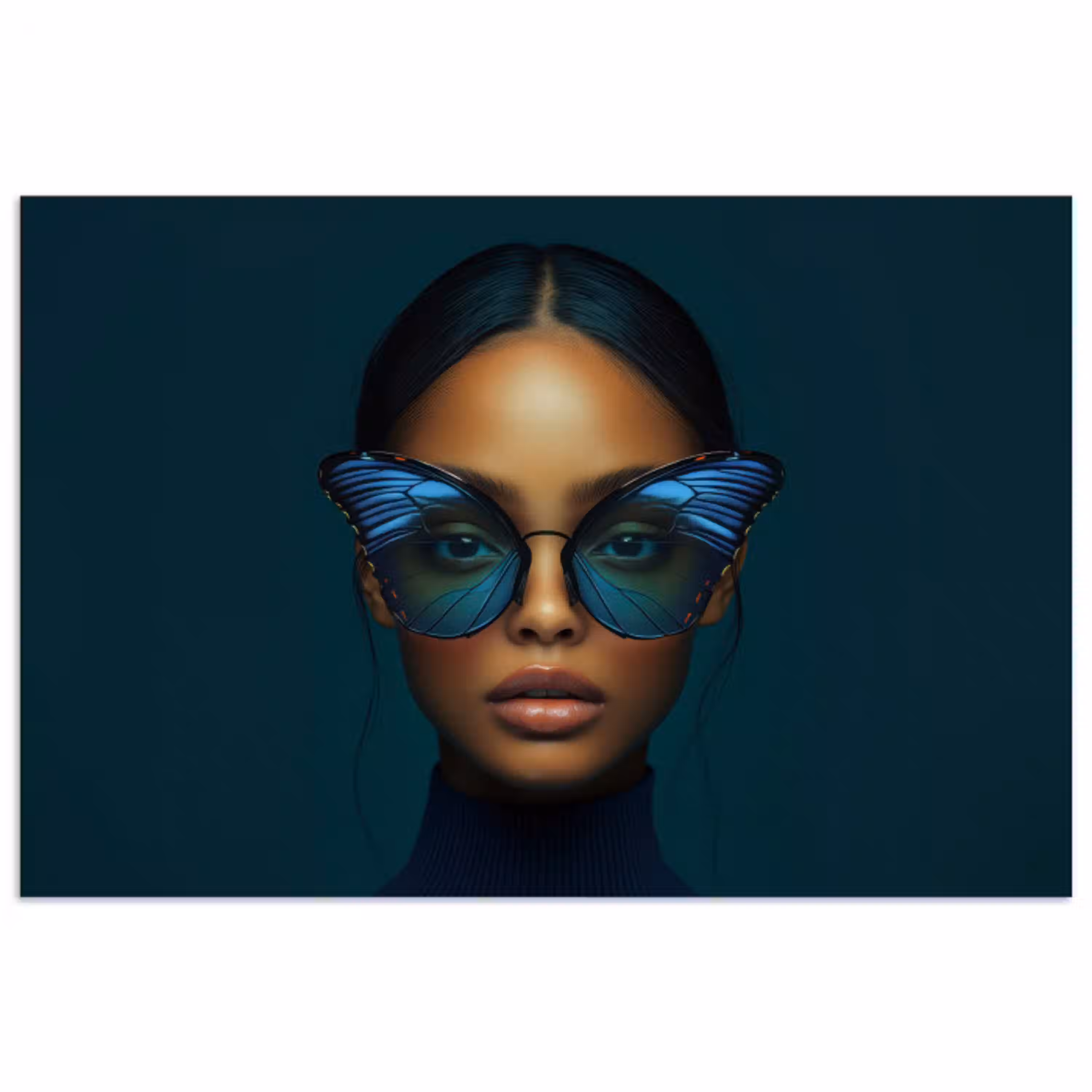 Vrouw - Vlinder - Bril - Blauw - Modern - Portret poster papier klein -3d