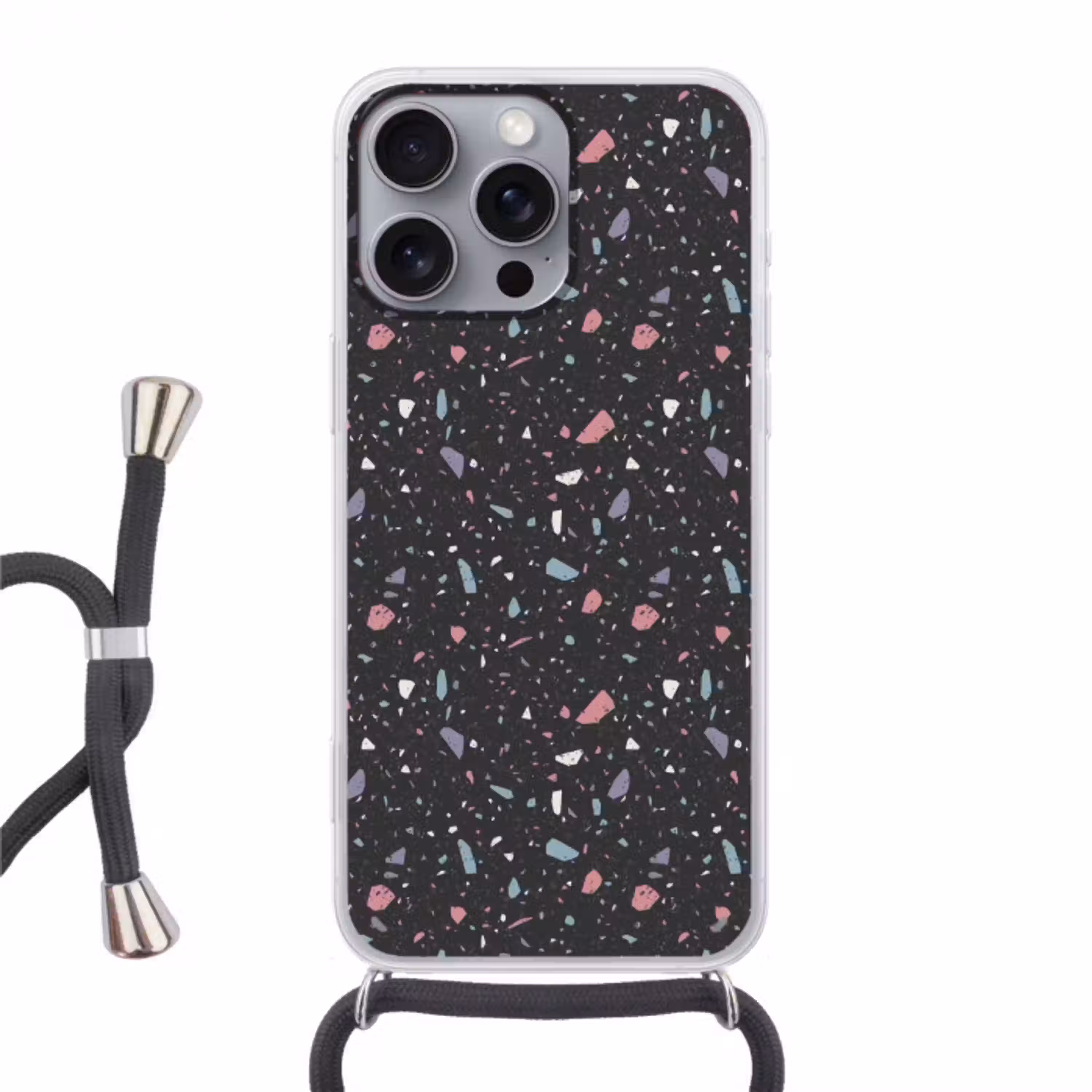 Terrazzo - Patroon - Zwart - Zacht Hoesje iPhone 16 Pro Max met koord klein 804 -3d