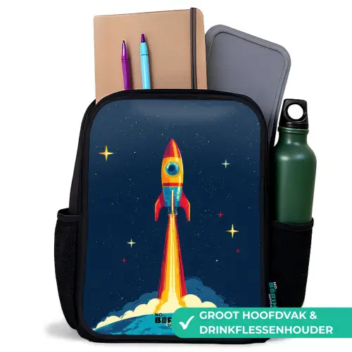 Planeet - Raket - Sterren - Donkerblauw Rugzak - Zwart middel -inhoud_NL