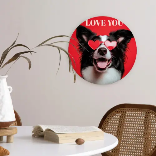 Hond - Hartjesbril - Loveyou - Rood Wandcirkel kunststof plaat 5mm dik klein -sfeer4