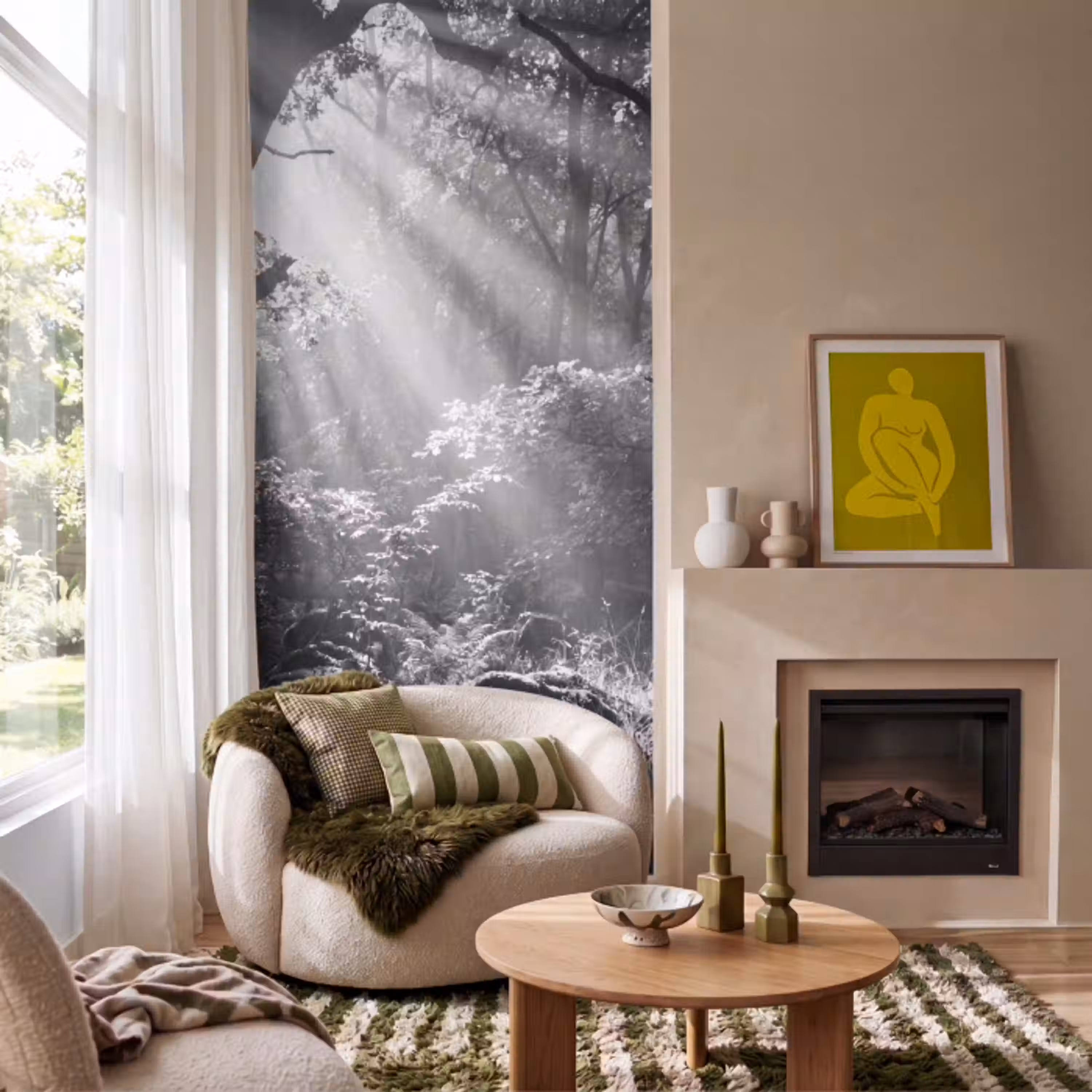 Bos - Lichtstralen - Natuur - Zwart-wit Behang Vlies klein -sfeer2