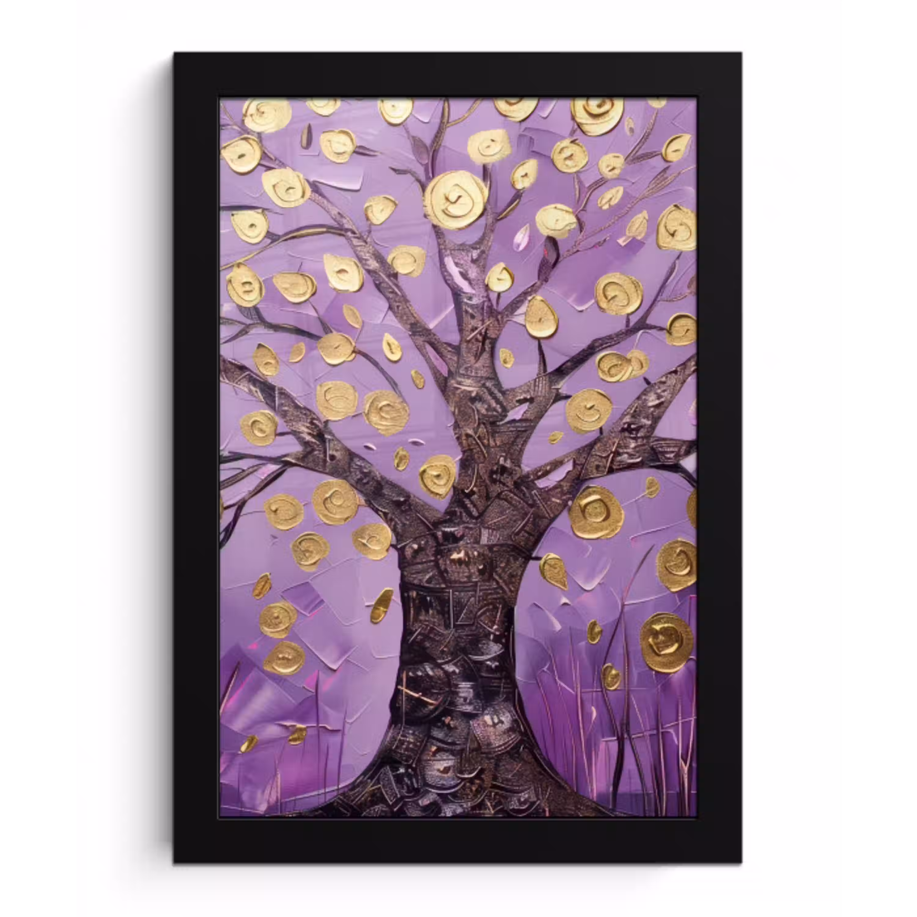 Levensboom - Boom - Paars - Goud - Modern fotolijst zwart zonder passe partout klein -3d