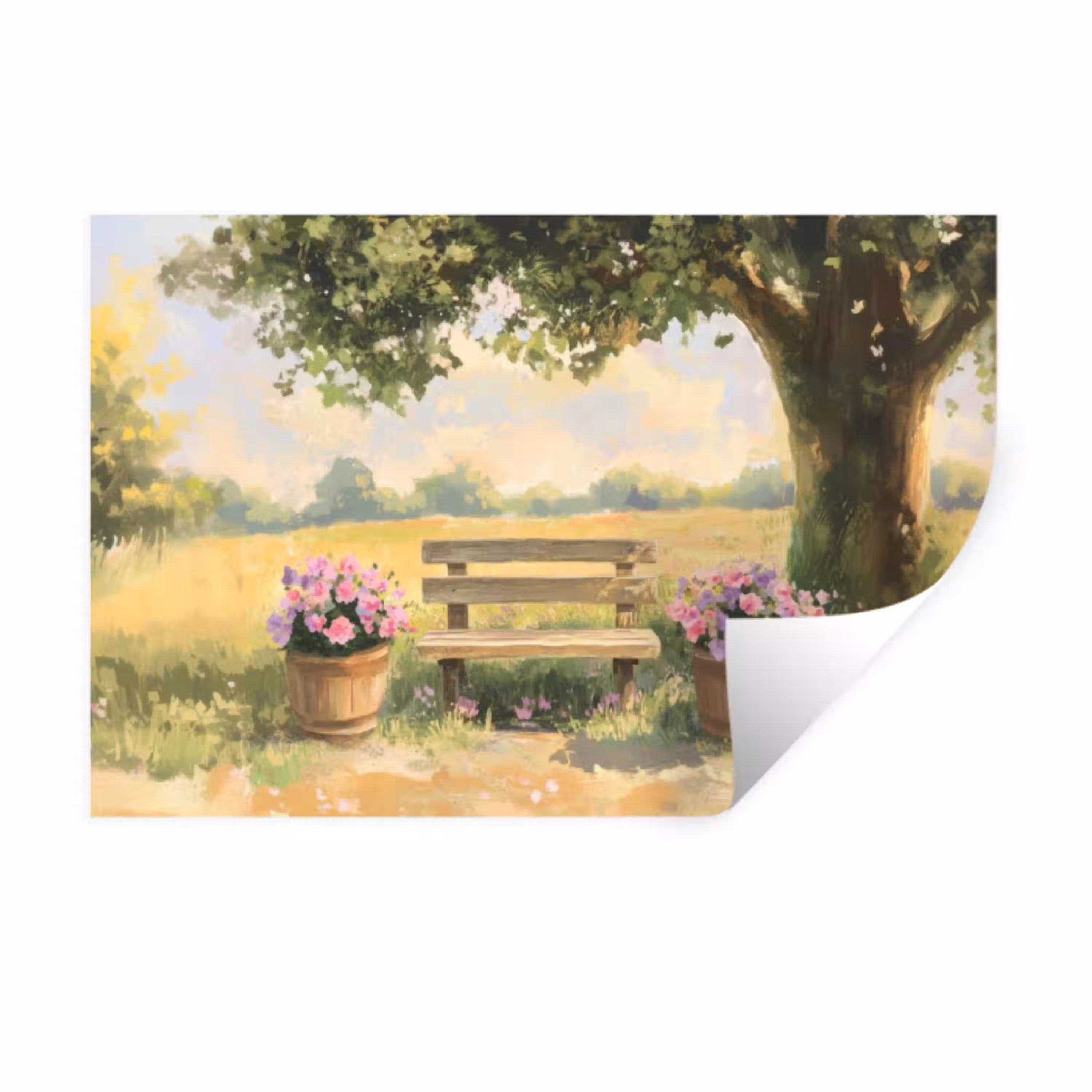 Houten bankje - Bloempotten - Landschap Muursticker klein -3d