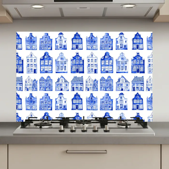 Patroon - Huizen - Blauw keuken achterwand spatscherm klein 900 -3d_website