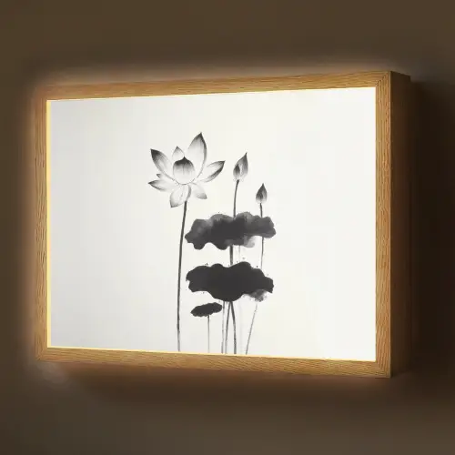 Bladeren - Zwart - Lotusbloem - Minimalitisch Light Box met batterij (Wandlamp) middel -z3d_website