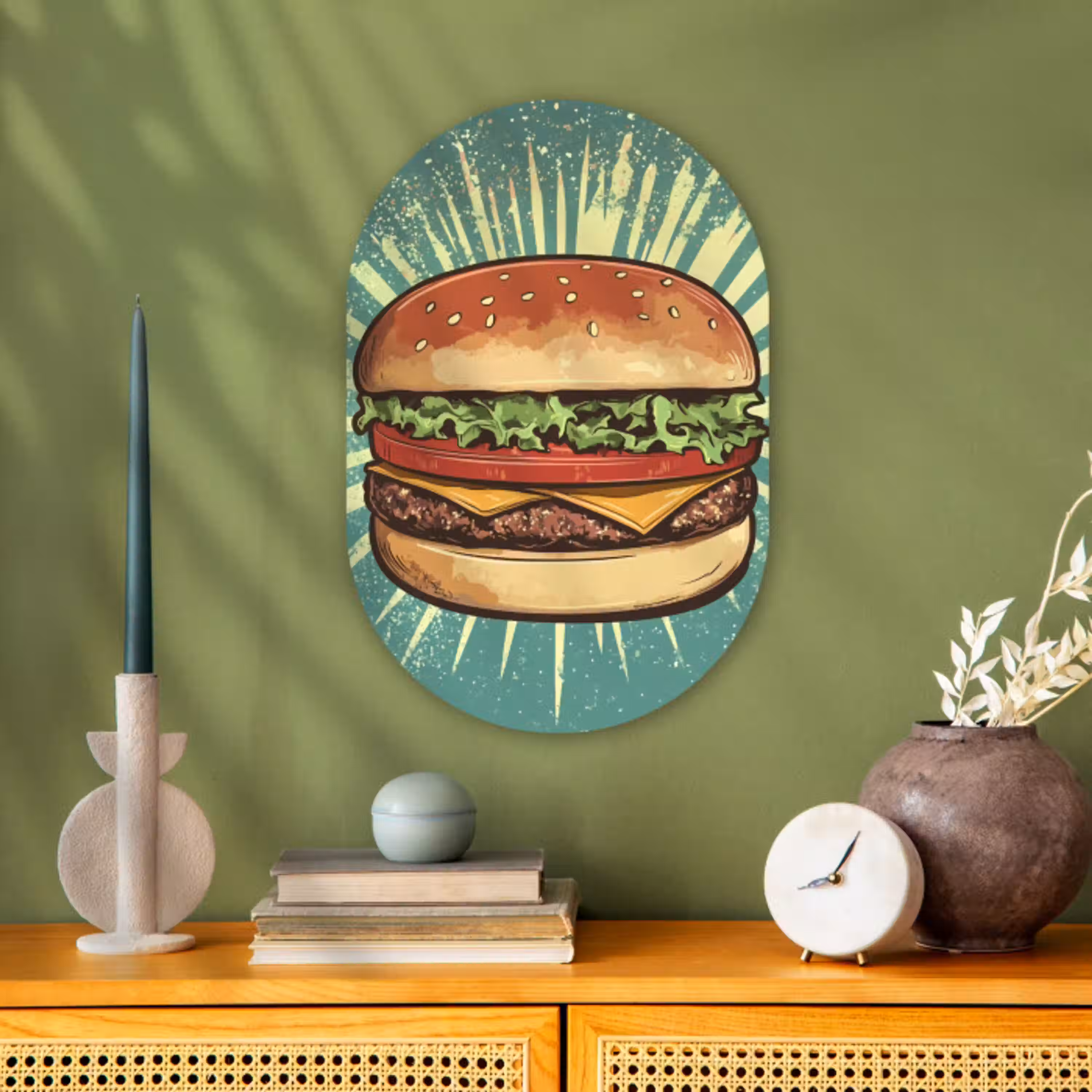 Hamburger - Illustratie - Sla - Kaas Wandcirkel Ovaal Forex klein -sfeer2