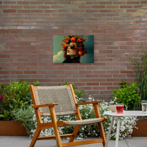 Vrouw - Granaatappel - Herfst - Zonnebril Tuinposter op houten frame 2 cm dik klein -sfeer3