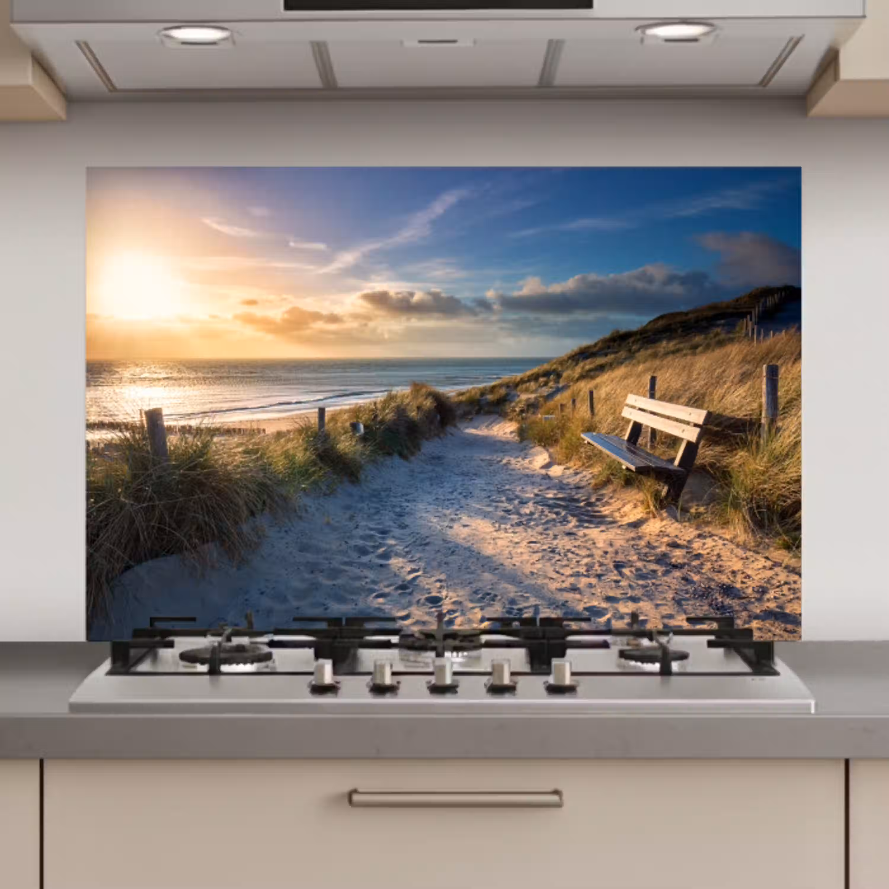 Zonsondergang - Strand - Duin - Gras - Bank keuken achterwand spatscherm klein -3d_website