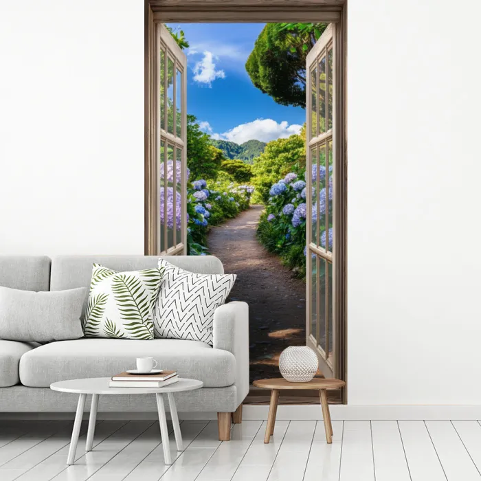Doorkijk - Hortensia - Pad - Natuur fotobehang vinyl groot -woonkamer
