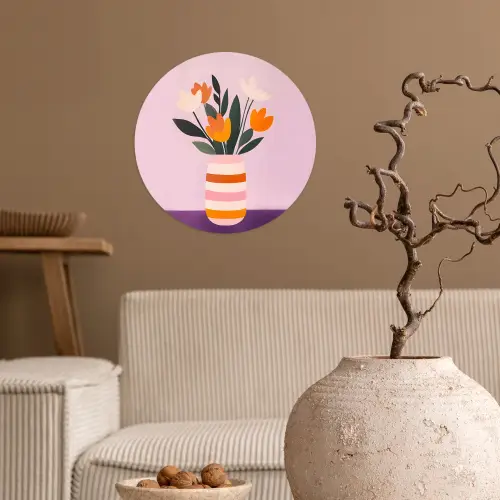 Tulpen - Vaas - Strepen - Paars Wandcirkel behangsticker klein -sfeer1