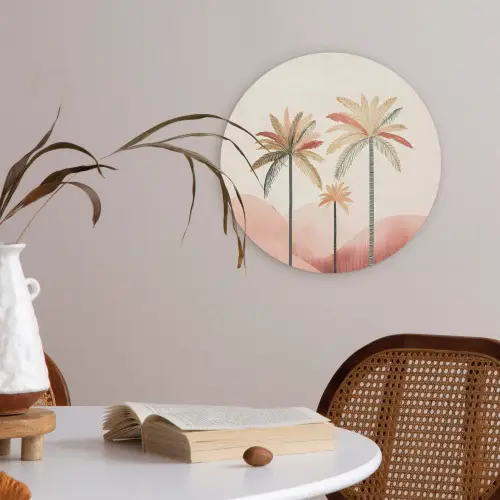 Palmbomen - Heuvels - Minimalistisch - Zachtroze Akoestische PET Vilt - Rond klein -sfeer3
