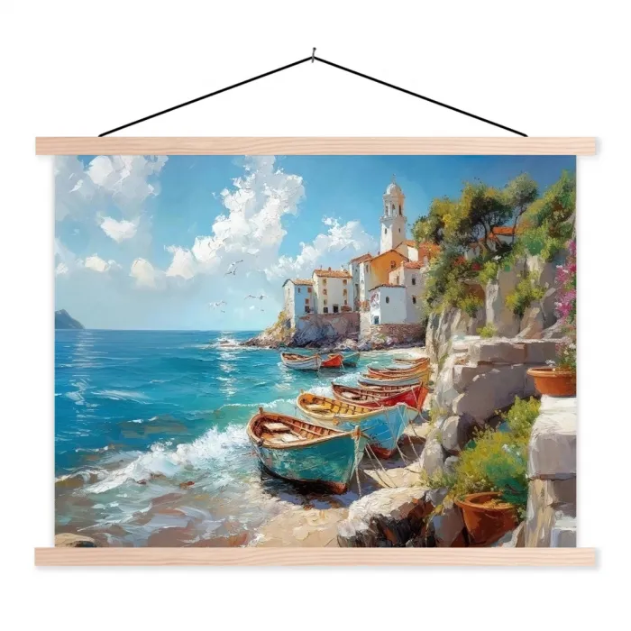Boten - Rotsen - Zee - Zon textielposter latten blank klein -3d