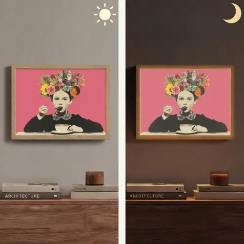 Meisje - Kopje - Bloemen - Roze Light Box met batterij (Wandlamp) middel -sfeer3