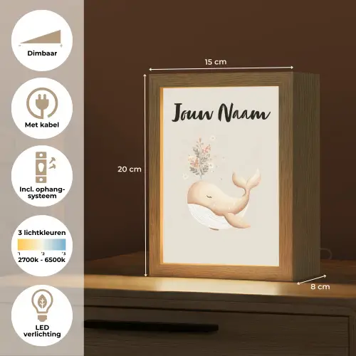 Walvis - Illustratie - Minimalistisch - Bloemen Light Box met kabel (Kinderlampje) klein -USP_NL