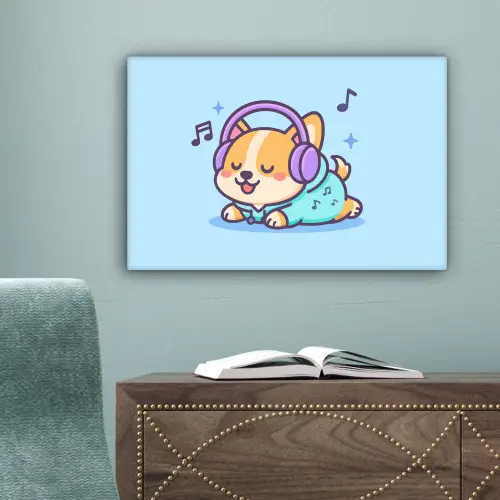Corgi - Koptelefoon - Blauw - Muzieknoten canvas 2cm klein -sfeer4
