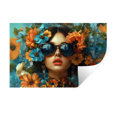 Vrouw - Bloemen - Oranje - Blauw - Modern Muursticker klein -3d