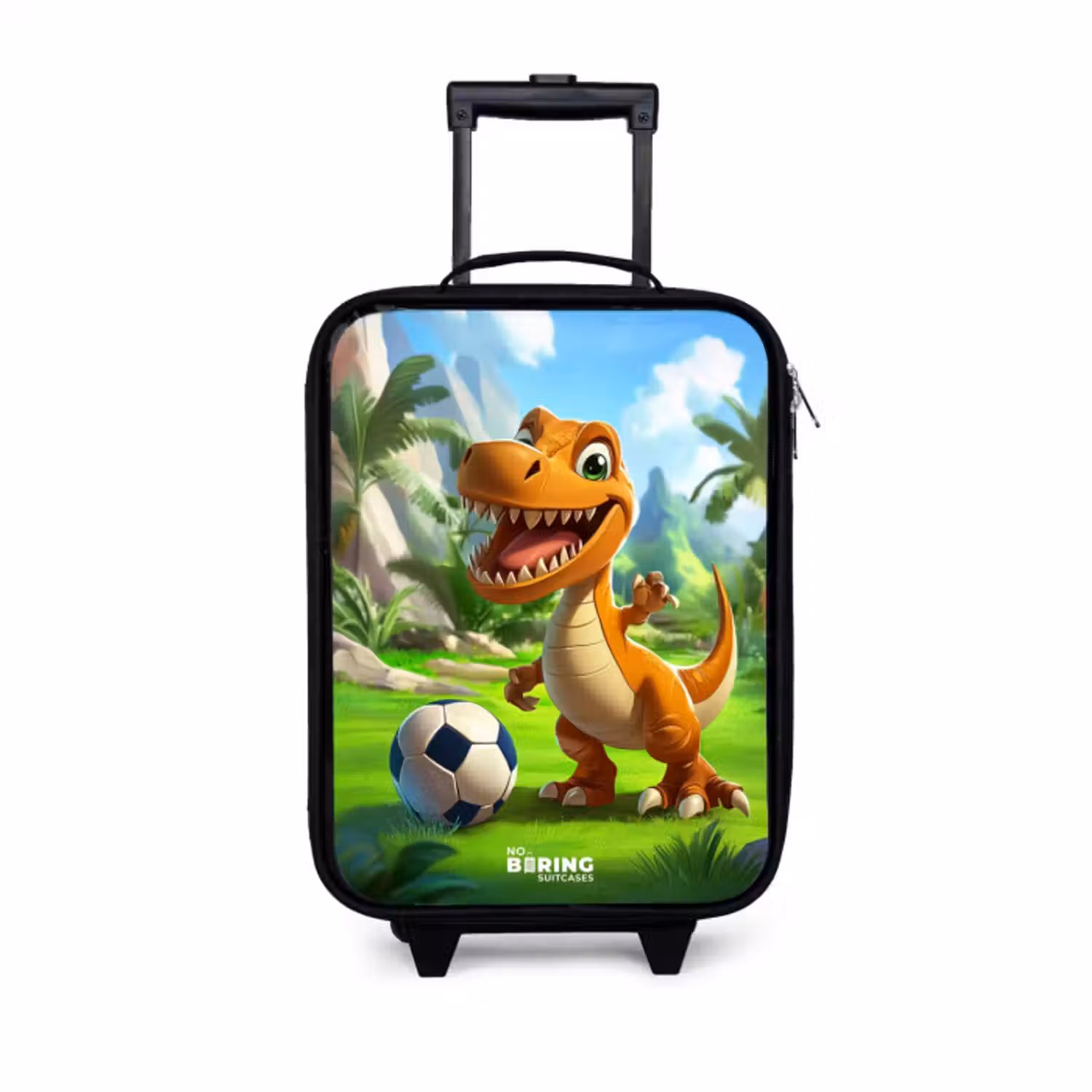 Kinderkoffer - Zwart - Dino met een voetbal in groen landschap