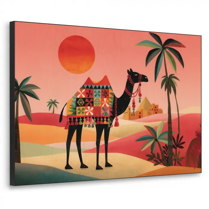Kameel - Gekleurd tapijt - Duinen - Rode zon Textielframe zwart klein -3d