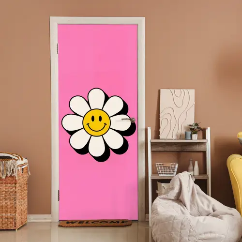Smiley - Bloem - Roze deurposter klein -sfeer1
