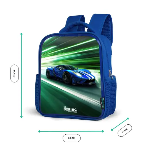 Blauwe raceauto met strepen in groene tunnel Kinderrugzak - Blauw middel -productfoto_formaten