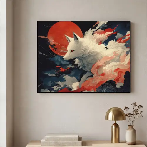 Witte vos - wolken - maan Textielframe zwart klein -sfeer2
