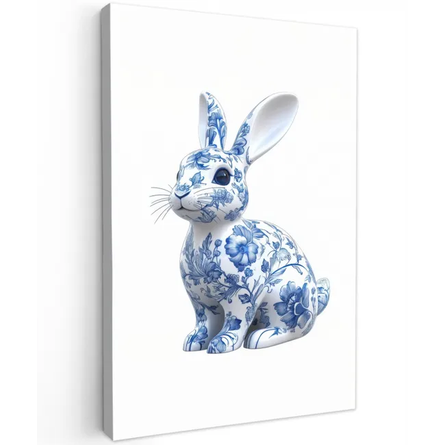 Delftsblauw - Haasje - Wit Tuinposter op houten frame 2 cm dik klein -3d