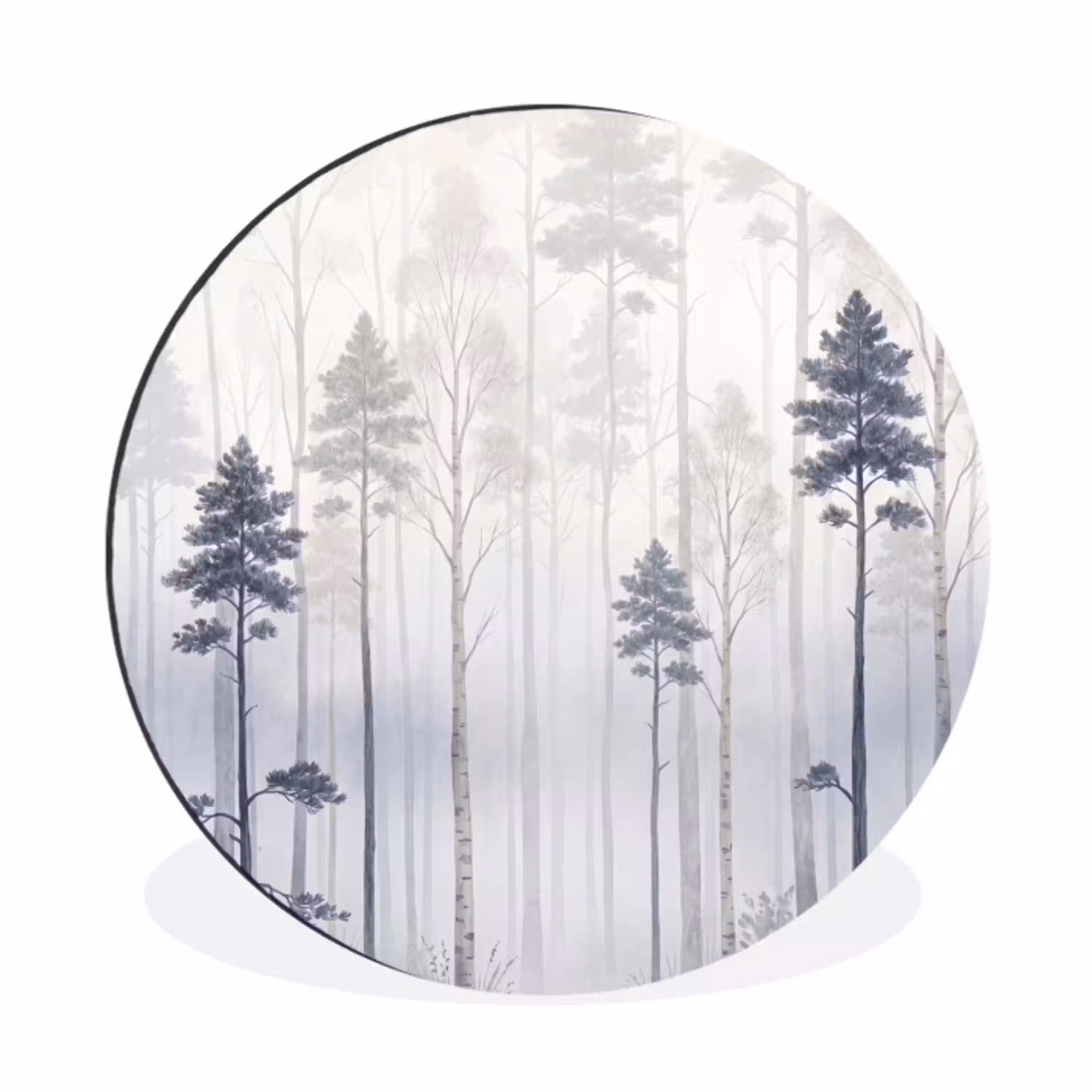 Bos - Bomen - Mist - Natuur - Illustratie - Grijs Wandcirkel aluminium klein -3d