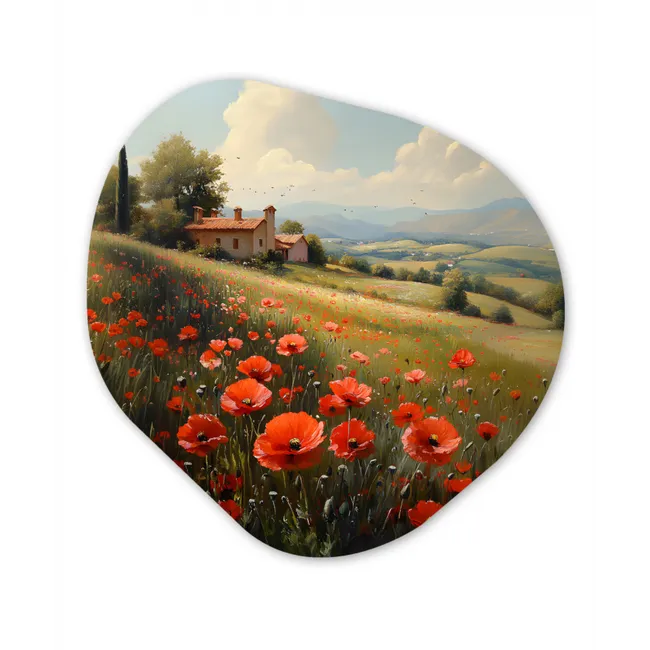 Klaprozen - Rood - Heuvels - Landschap Wandcirkel Organisch Plexiglas middel -3d