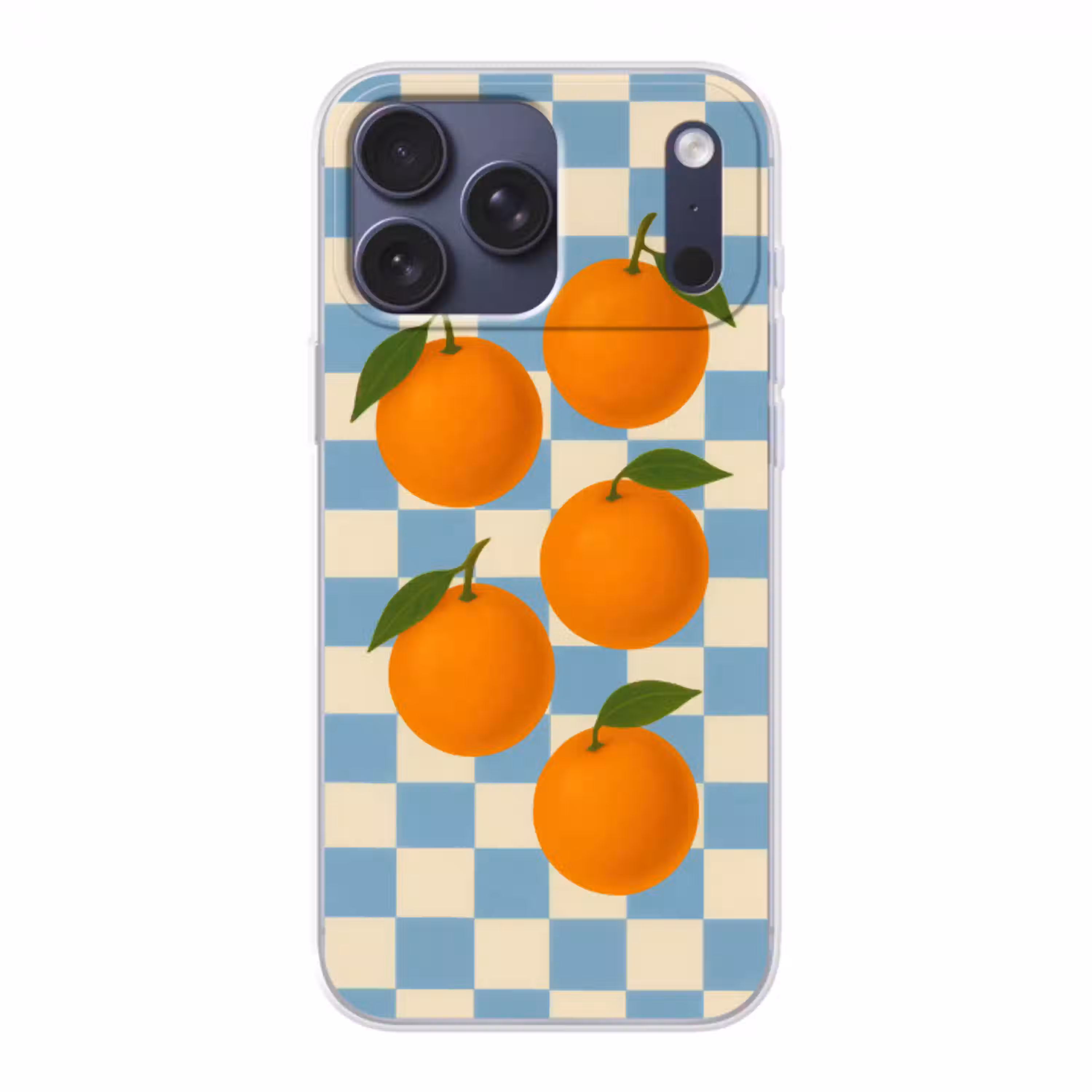 Sinaasappels - Blaadjes - Geblokt - Blauw Telefoonhoesje iPhone 17 Pro Max klein -3d