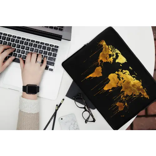 Wereldkaart - Goud - Druipen - Zwart laptophoes neopreen klein -bureau