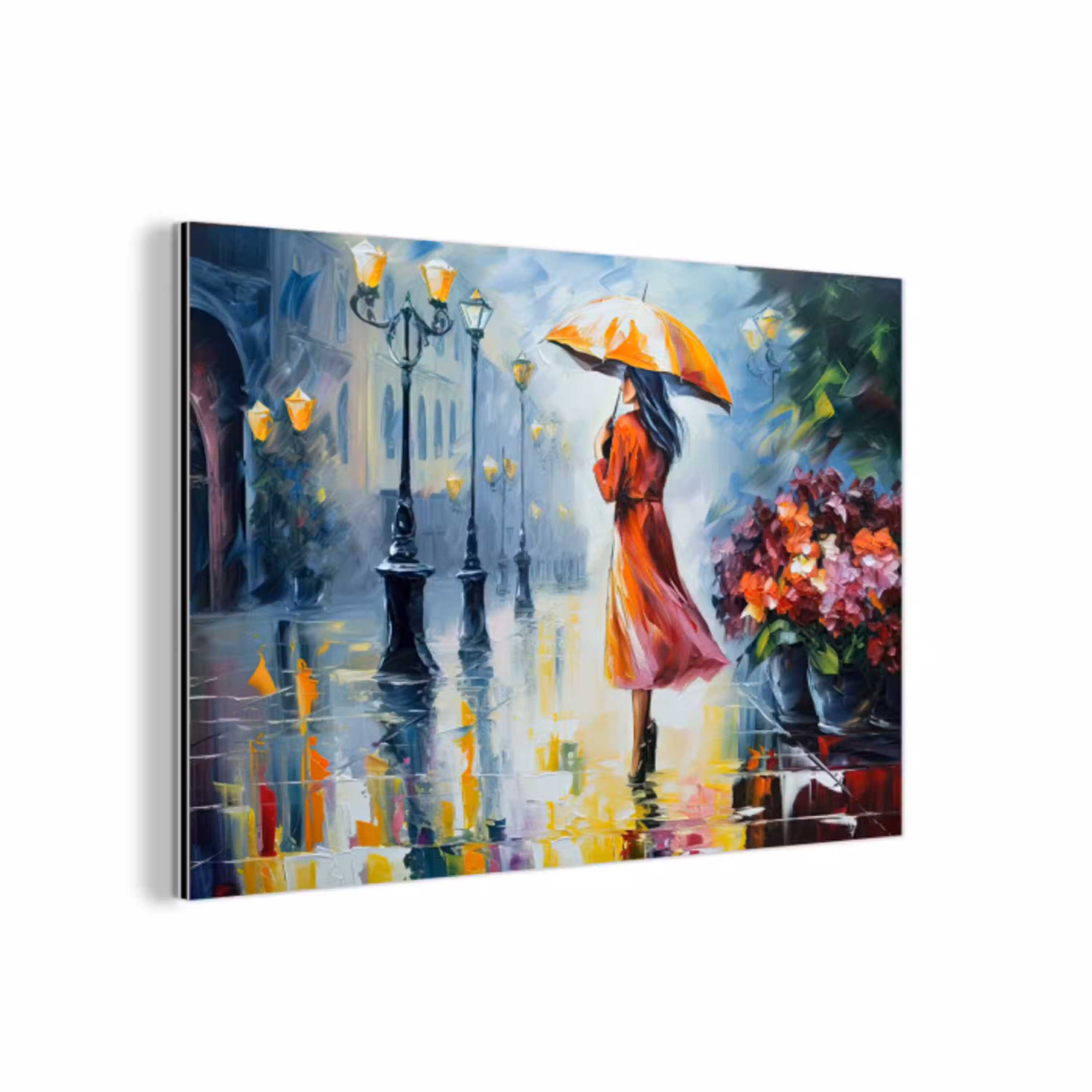 Olieverf - Paraplu - Vrouw - Straat - Kunst aluminium wit klein -3d