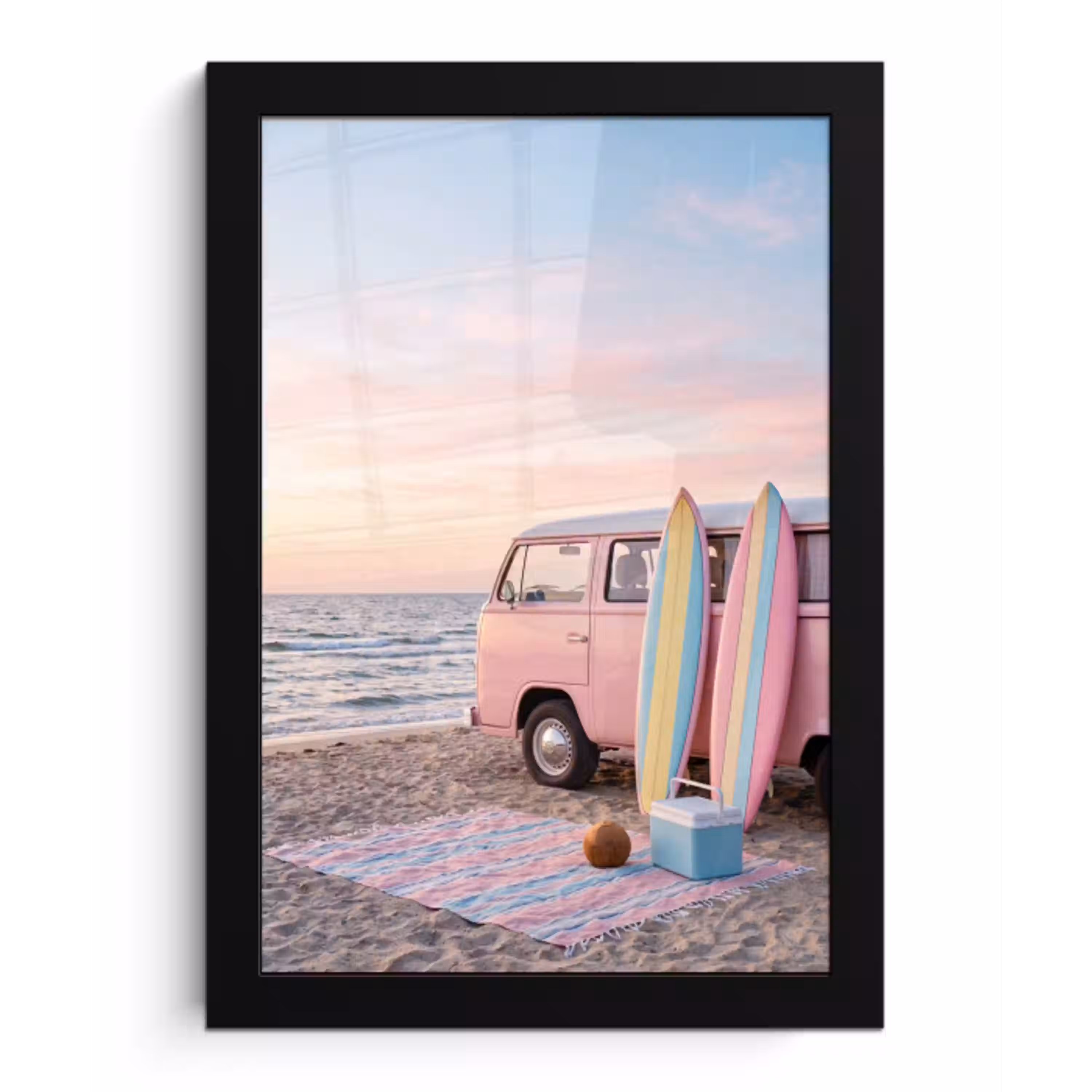 Busje - Strand - Surfplank - Zomer - Roze fotolijst zwart zonder passe partout klein -3d