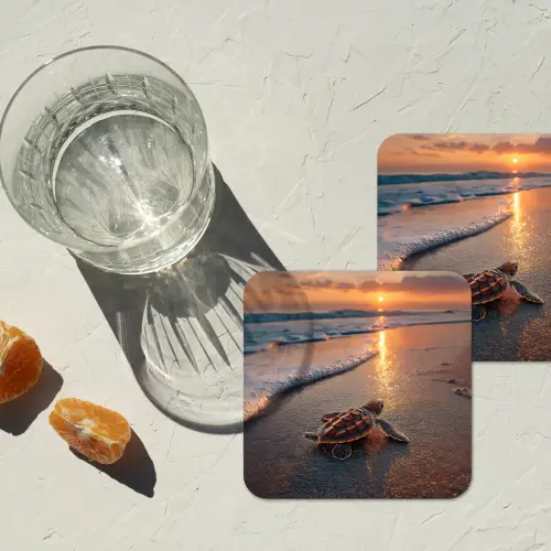 Schildpad - strand - Zonsondergang onderzetter kurk middel -sfeer4
