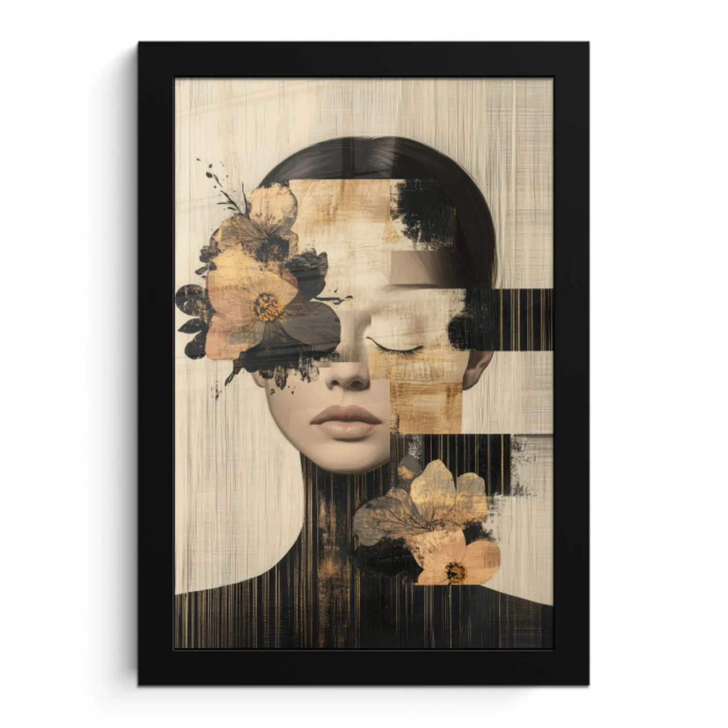 Gezicht - Bloemen - Zwart - Vrouw fotolijst zwart zonder passe partout klein -3d