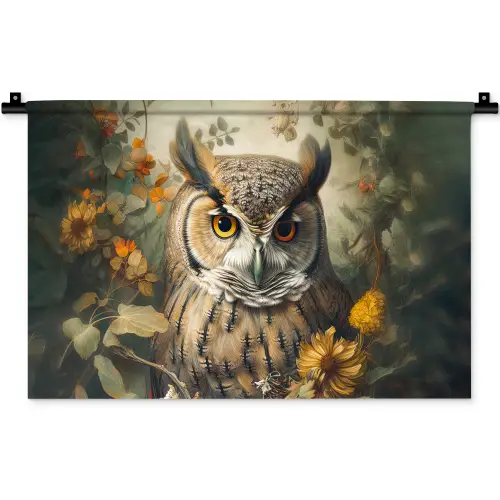 Uil - Vogels - Bloemen - Natuur Wandkleed katoen klein -zz3d