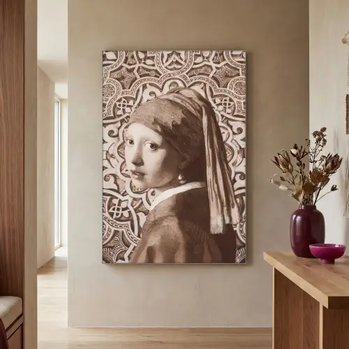 Meisje met de parel - Johannes Vermeer - Sepia Textielframe zilver middel -sfeer2