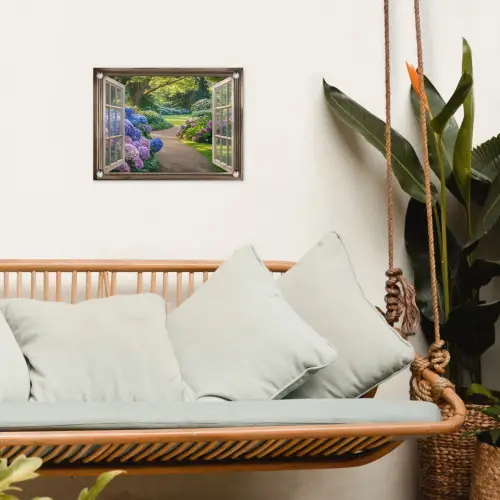 Doorkijk - Tuin - Raam - Hortensia - Bloemen tuinposter los doek klein -sfeer7