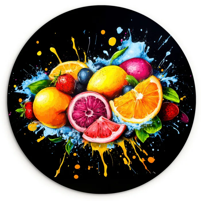Fruit - Graffiti - Kleurrijk - Sinaasappel - Aardbei - Abstract Wandcirkel plexiglas klein -3d