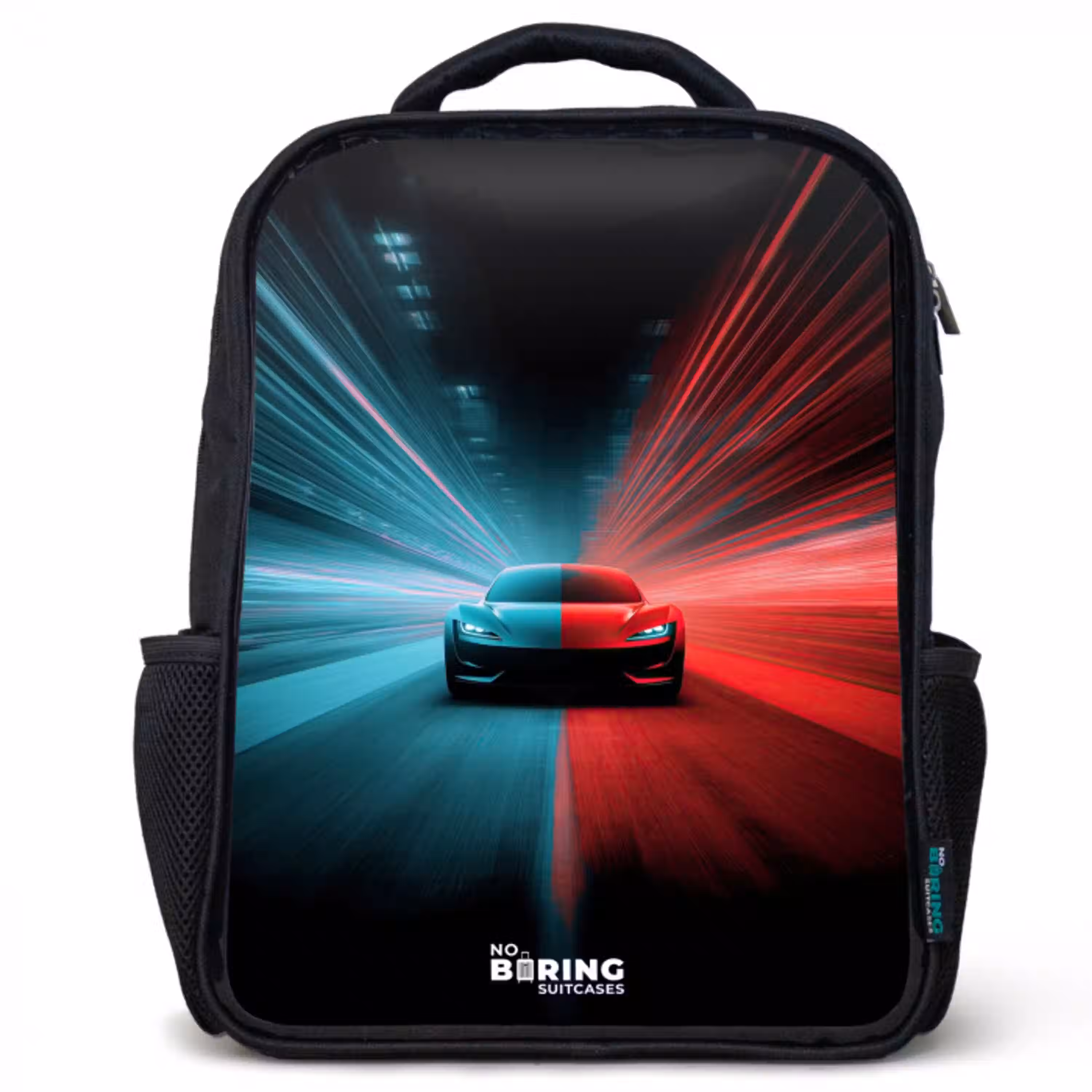 Sportwagen - Lichtstralen - Neon - Blauw Rugzak - Zwart middel -3d