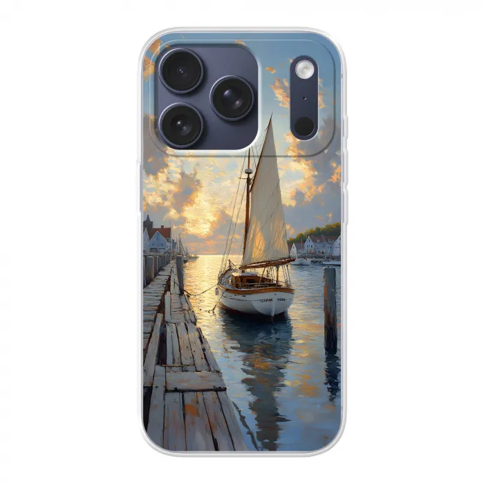 Zeilboot - Zon - Pier - Hout Telefoonhoesje iPhone 17 Pro klein -3d