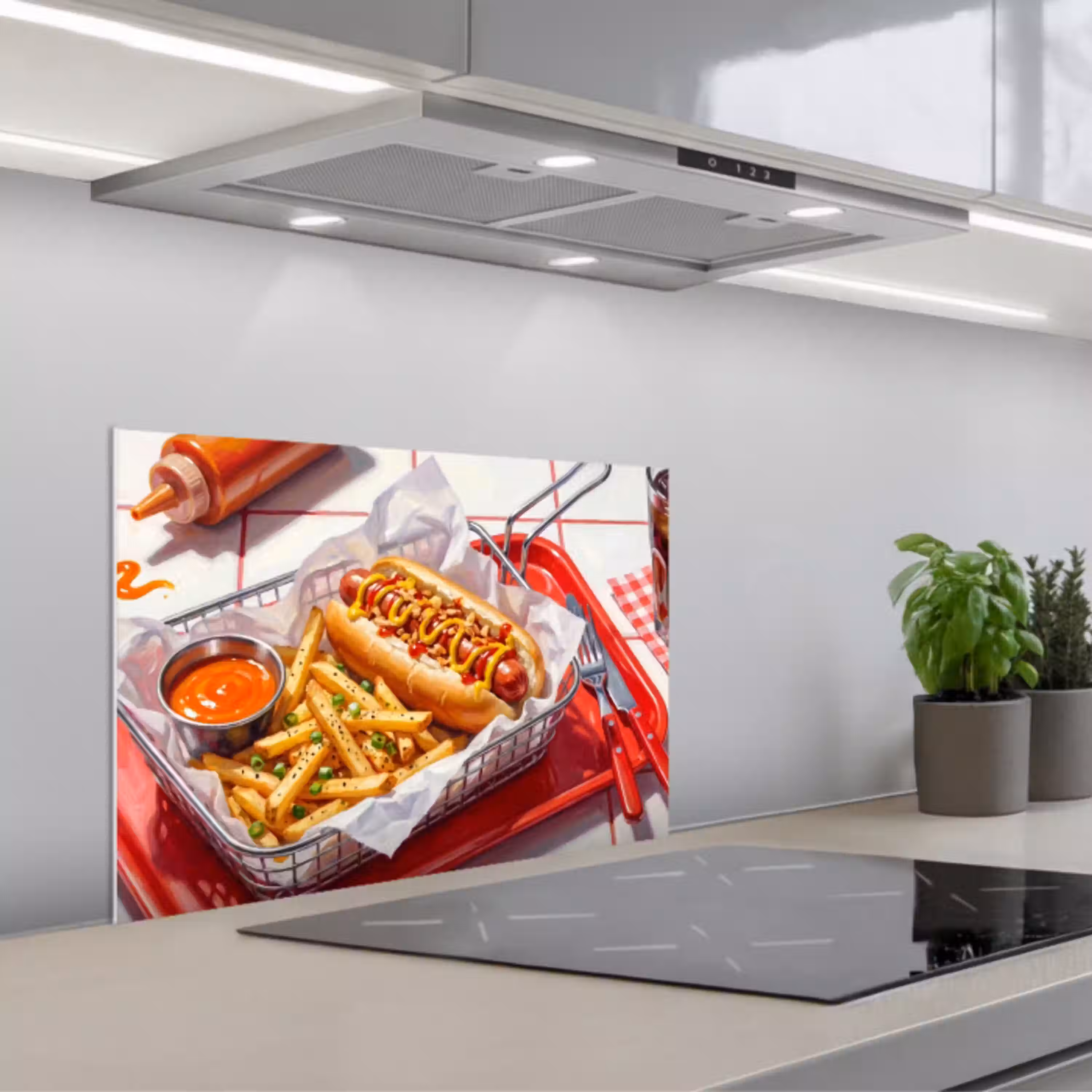 Eten - Hotdog - Fastfood - Modern - Rood keuken achterwand spatscherm klein -3d_schuin