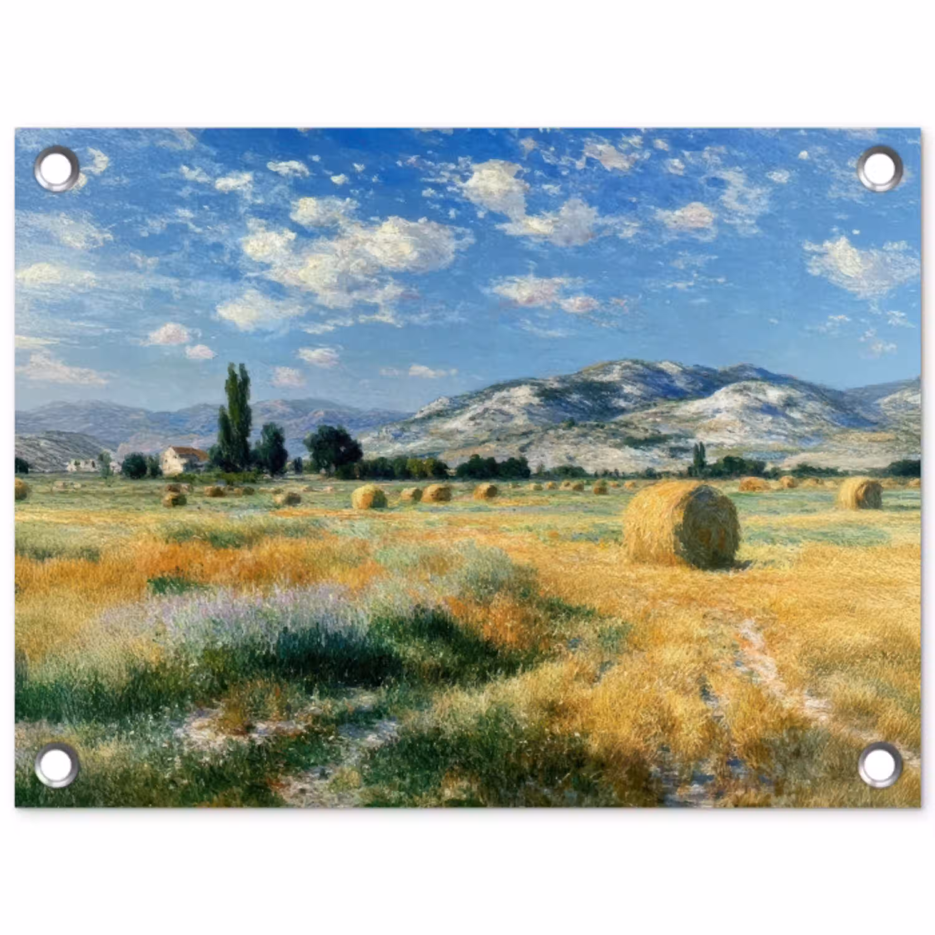 Landschap - Strobalen - Bergen - Wolken tuinposter los doek klein -3d