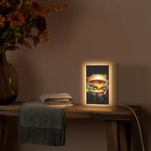 Hamburger - Graffiti - Verf - Kleurrijk - Eten - Abstract Light Box met kabel (Tafellamp) klein -sfeer4