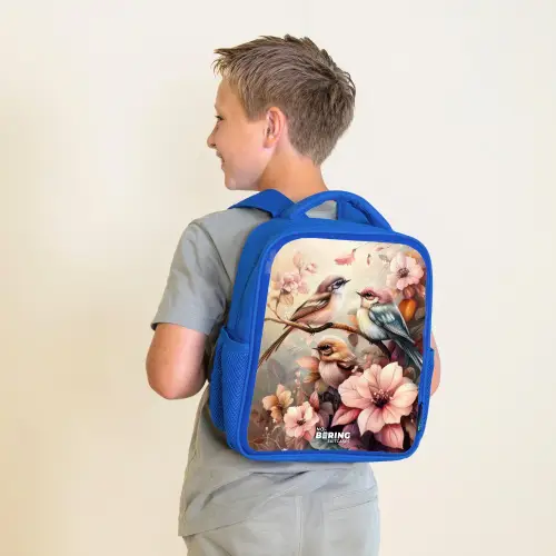 Vogels met roze bloemen Kinderrugzak - Blauw middel -sfeer2