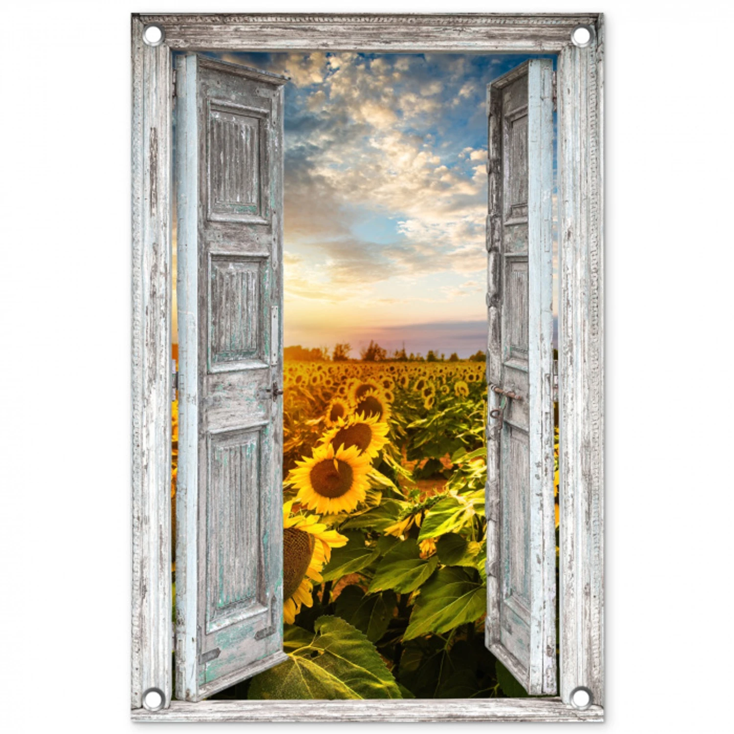 Oude deuren naar zonnebloemveld tuinposter los doek klein -3d