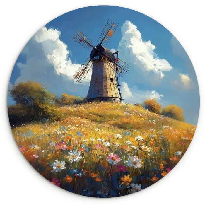 Windmolen - Heuvel - Bloemen - Kleurrijk Wandcirkel kunststof plaat 5mm dik klein -3d