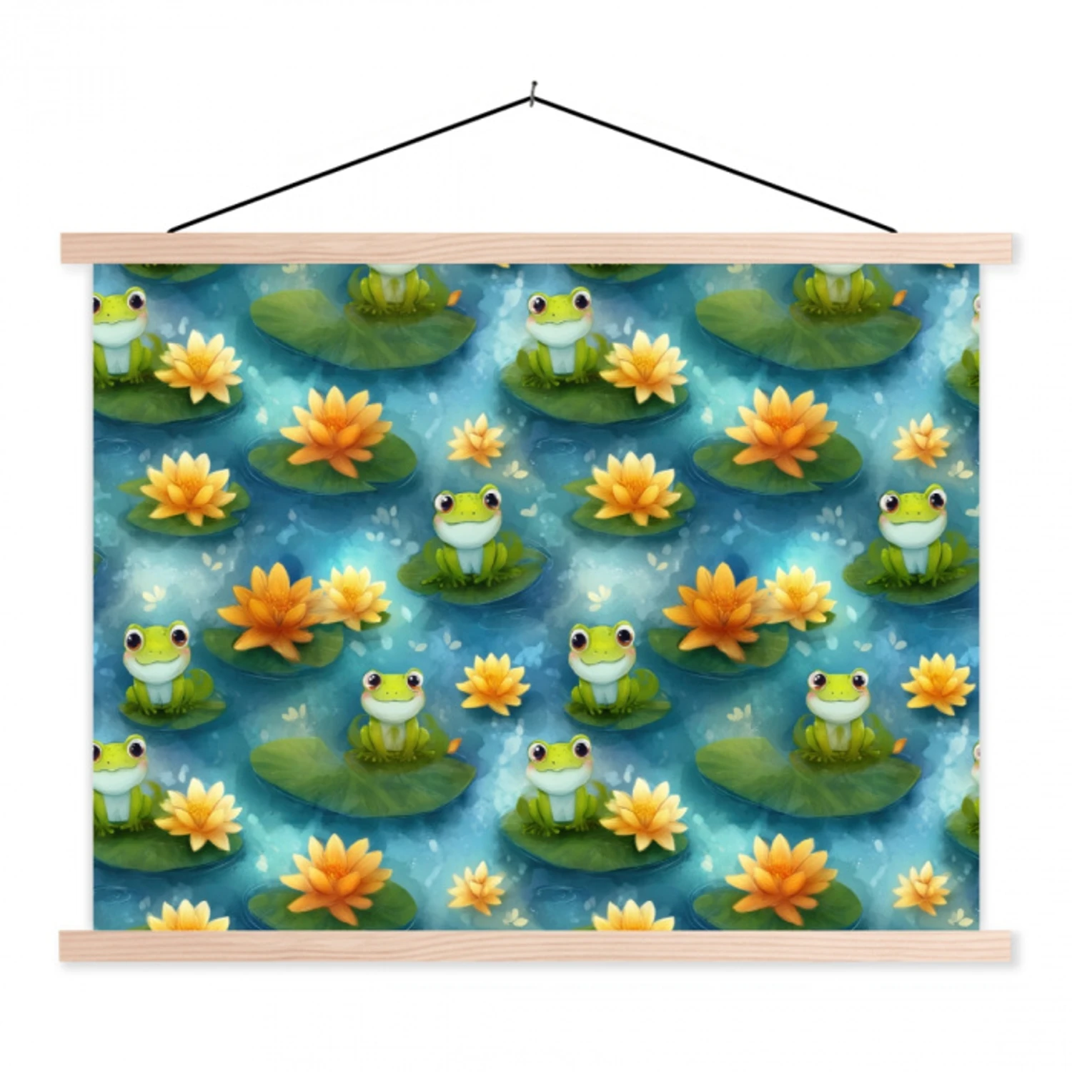 Kikker - Lelies - Groen textielposter latten blank klein 122 -3d