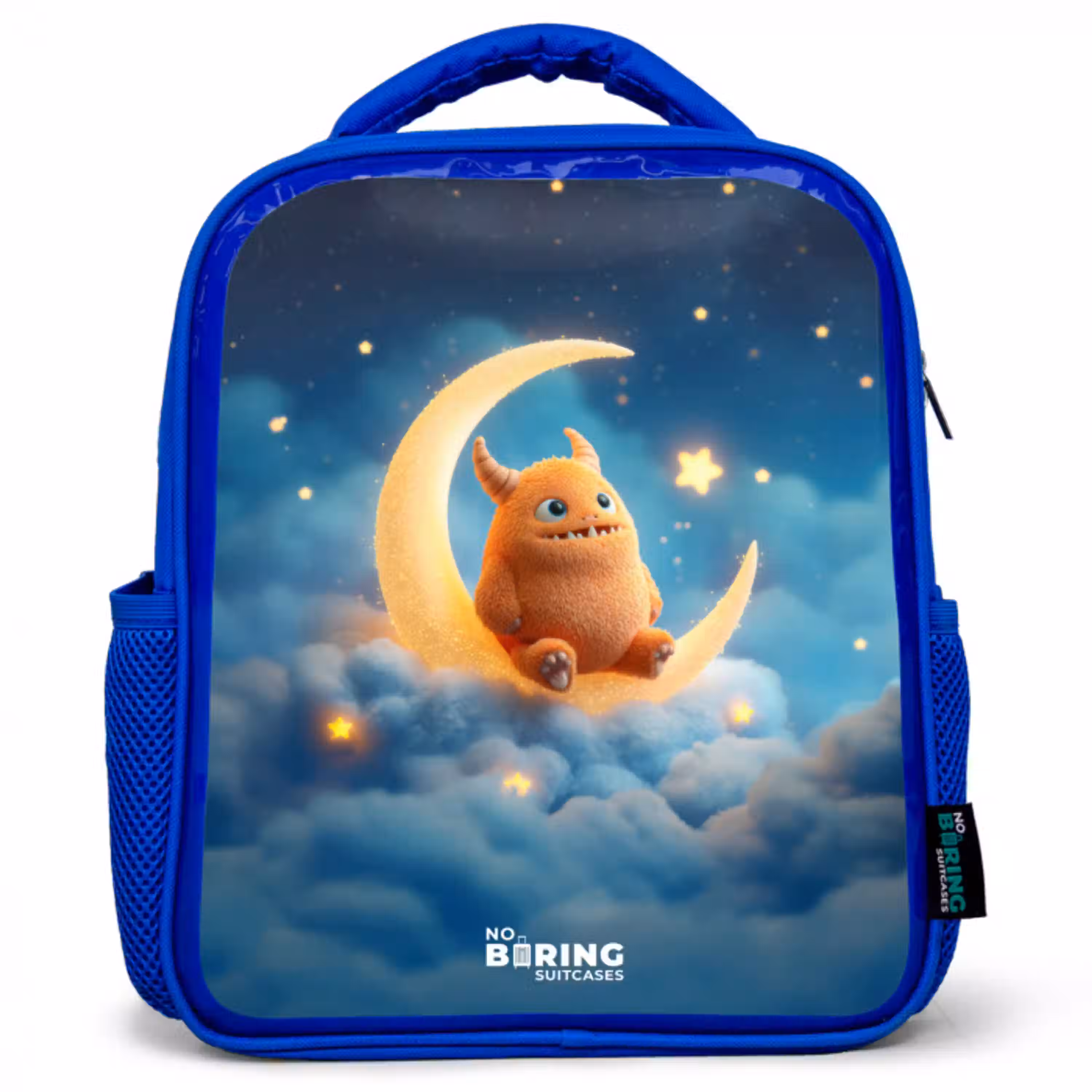 Oranje monster op maansikkel Kinderrugzak - Blauw middel -3d