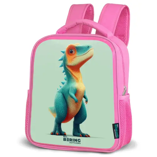 Stoere dino met grote ogen Kinderrugzak - Roze middel -schuin