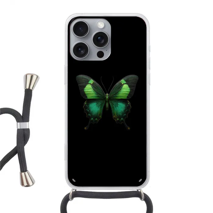 Vlinder - Groen - Opvallend Hoesje iPhone 16 Pro Max met koord klein -3d